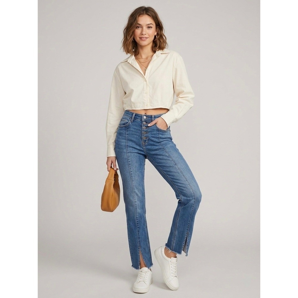 Free People High Rise Front Slit Seam Jeans Medium Wash Denim Size 26 OB1385311